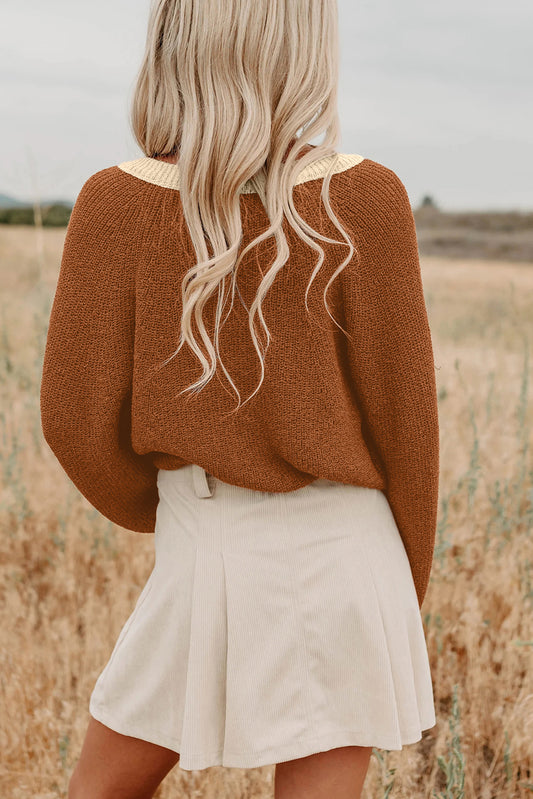 Chestnut Contrast Knit V Neckline Short Cardigan