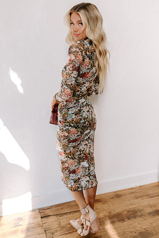 Floral Print Mock Neck Bodycon Long Sleeve Midi Dress