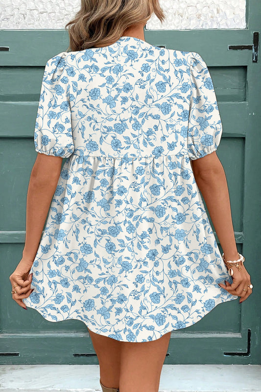 Sky Blue Bow Puff Sleeve Mini Floral Dress