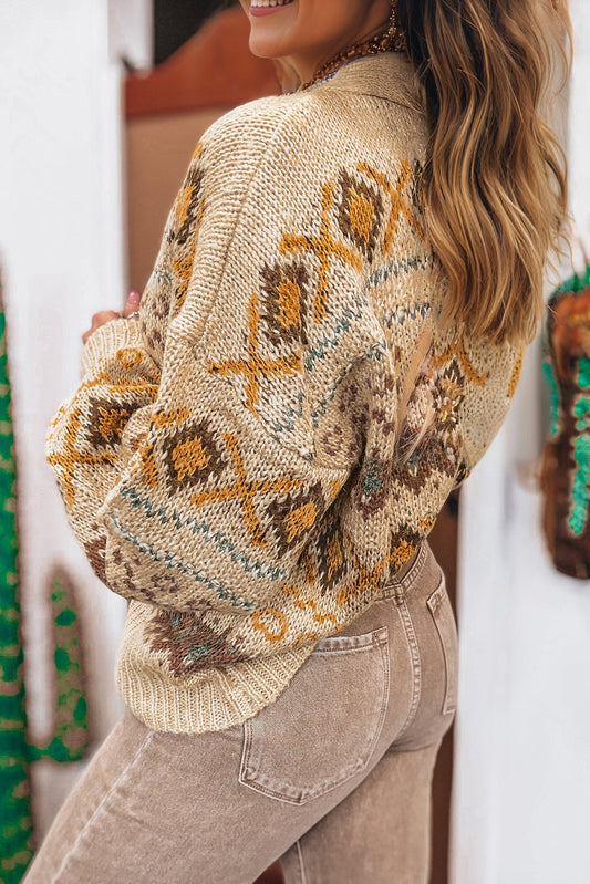 Khaki Western Pattern Button Cardigan Sweater