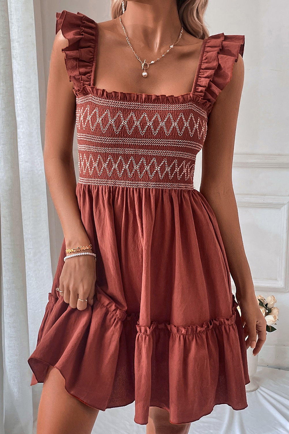 Red Sandalwood Geometric Stitch Ruffled Trim Sleeveless Mini Dress