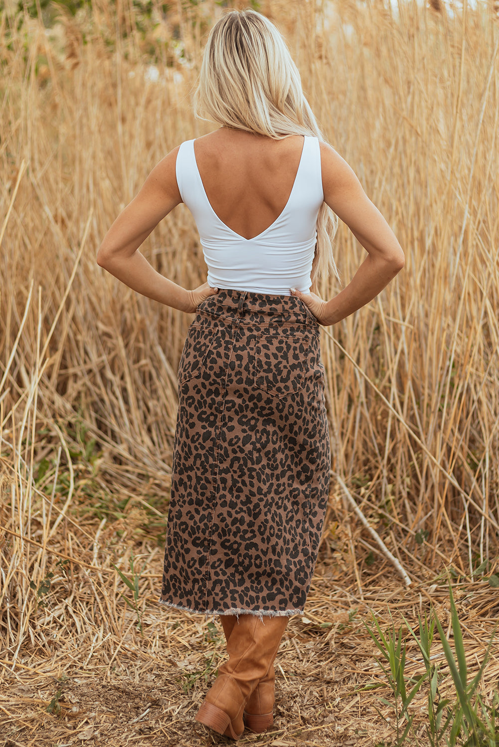 Brown Leopard Frayed Split Denim Midi Skirt
