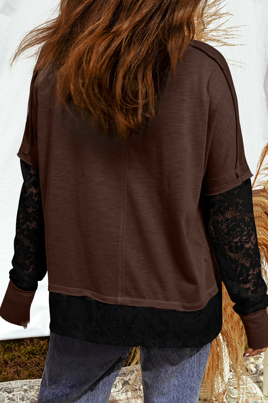 Dark Brown Sheer Lace Patchwork Casual Long Sleeve Tee