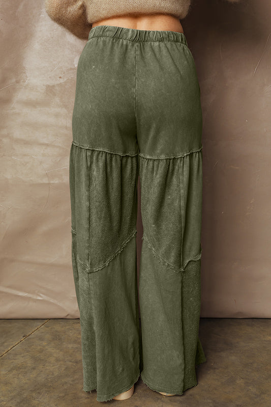 Green Mineral Wash Wide Leg Patchwork Drawstring Pants