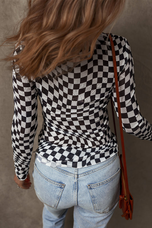 Black Checkered Mesh Long Sleeve Top