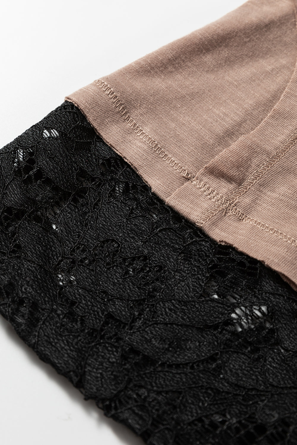 Dark Brown Sheer Lace Patchwork Casual Long Sleeve Tee