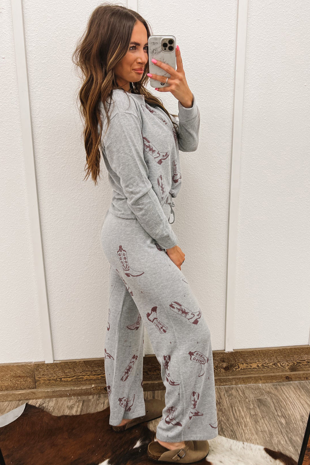 Gray Cowgirl Boots Printed Long Sleeve Top and Pants Lounge Set