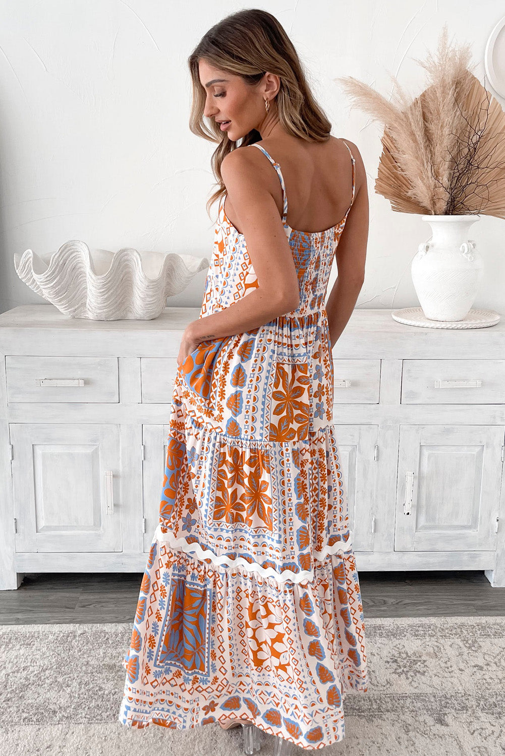 Multi Printed Ricrac Trim Spaghetti Straps Maxi Dress