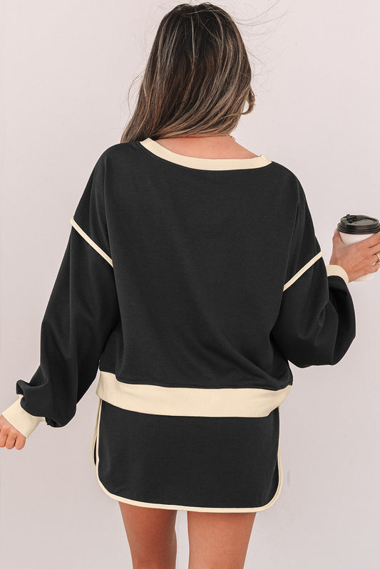 Black Color Contrast Loose Pullover and Tie Skort Set
