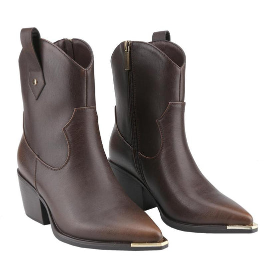 Belovely【Everywhere-5】Western Cowgirl Mid Leather Boot with Metal Toe and Heel Detail Walking Shoes Women Boots for Fall