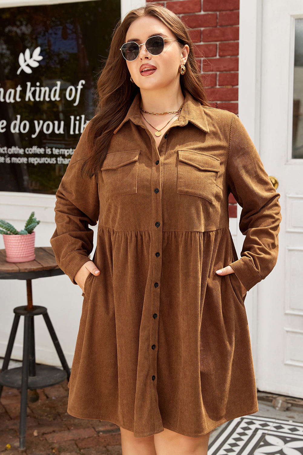 Camel Corduroy Buttoned Collared Shirt Dress
