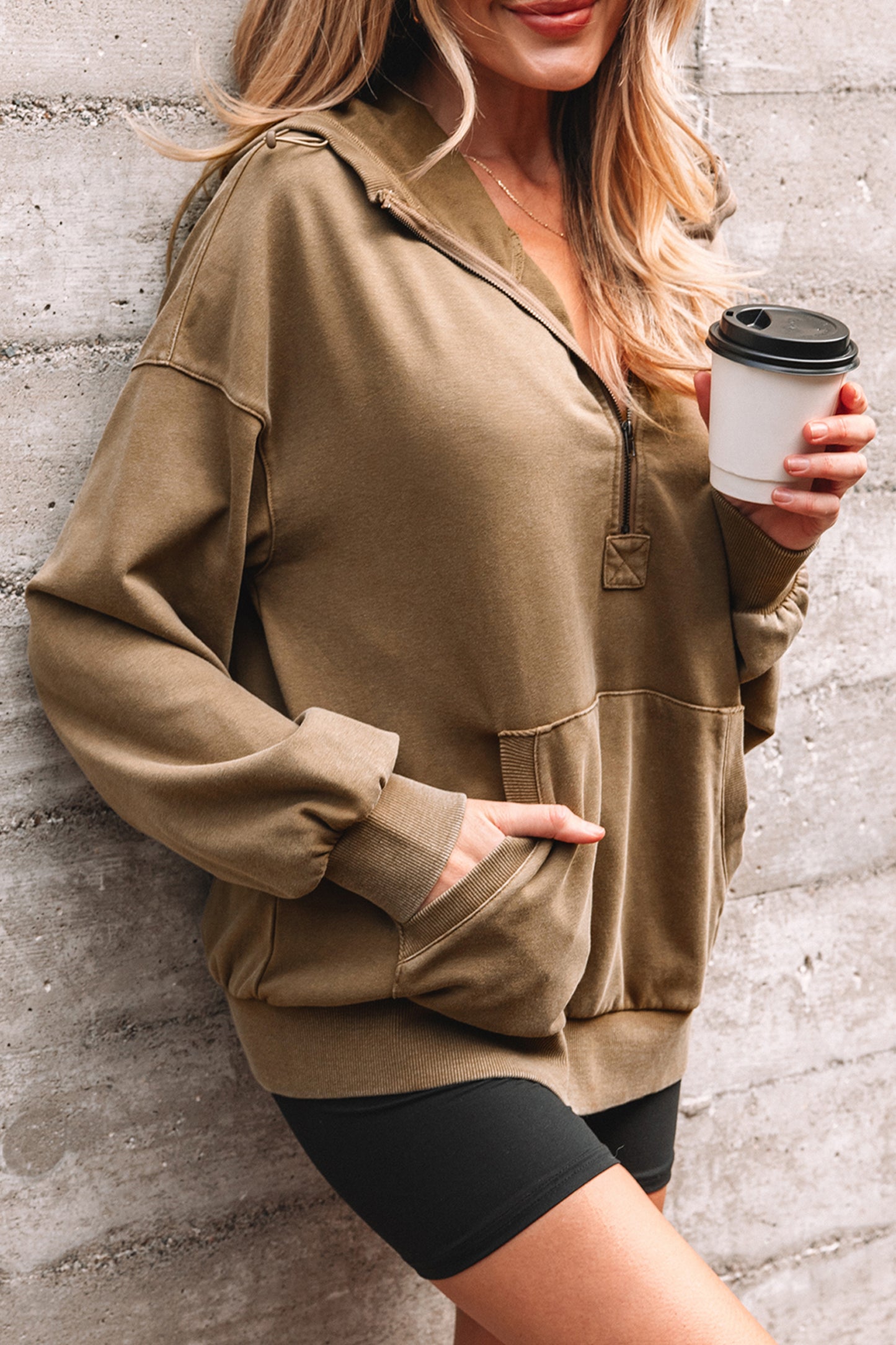 Half Zip Pocketed Mineral Wash Hoodie