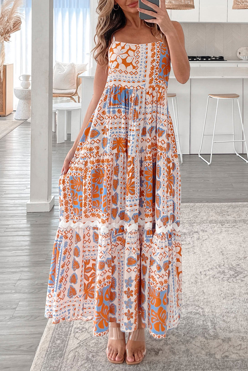 Multi Printed Ricrac Trim Spaghetti Straps Maxi Dress