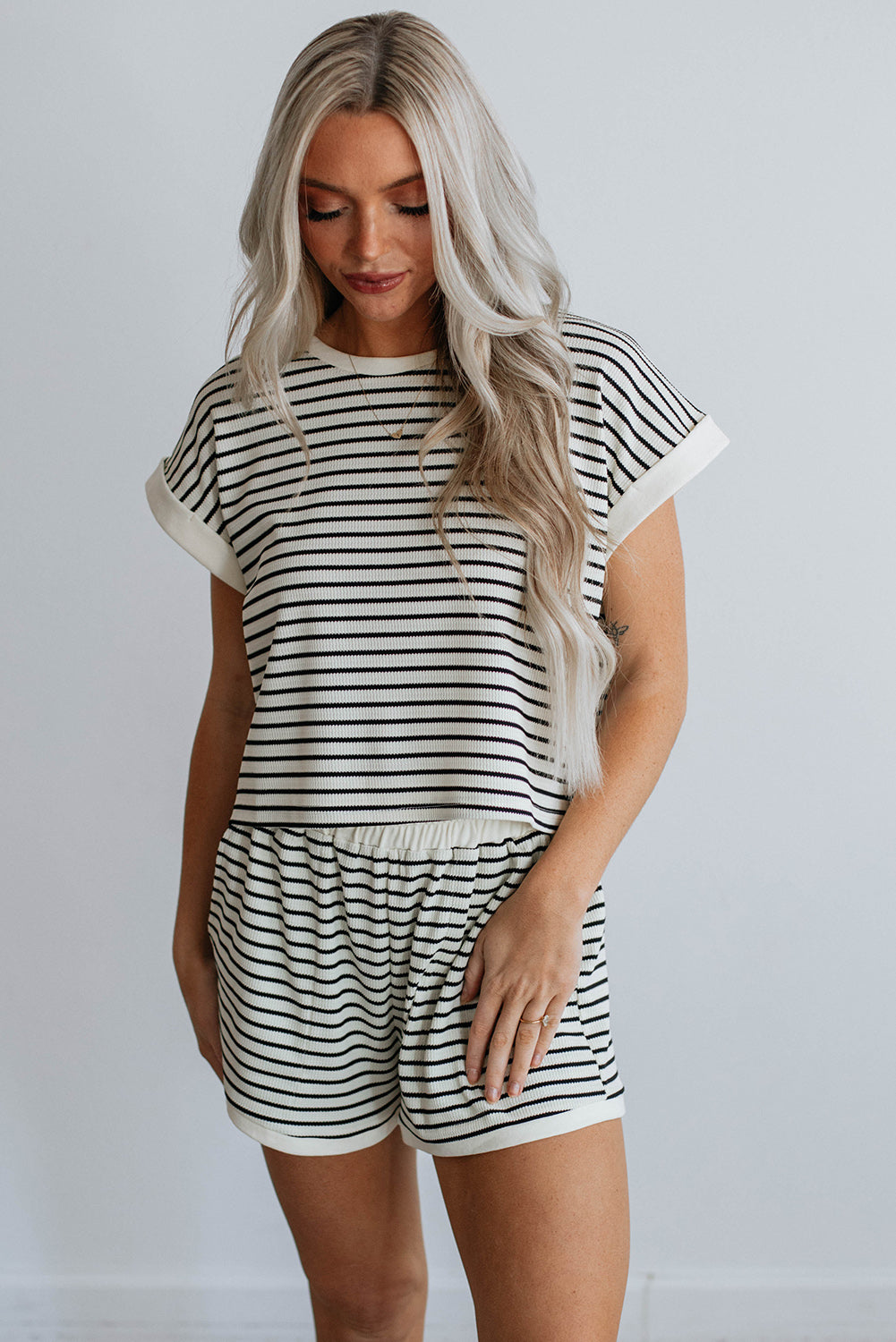White Stripe Contrast Edge Two Piece Set
