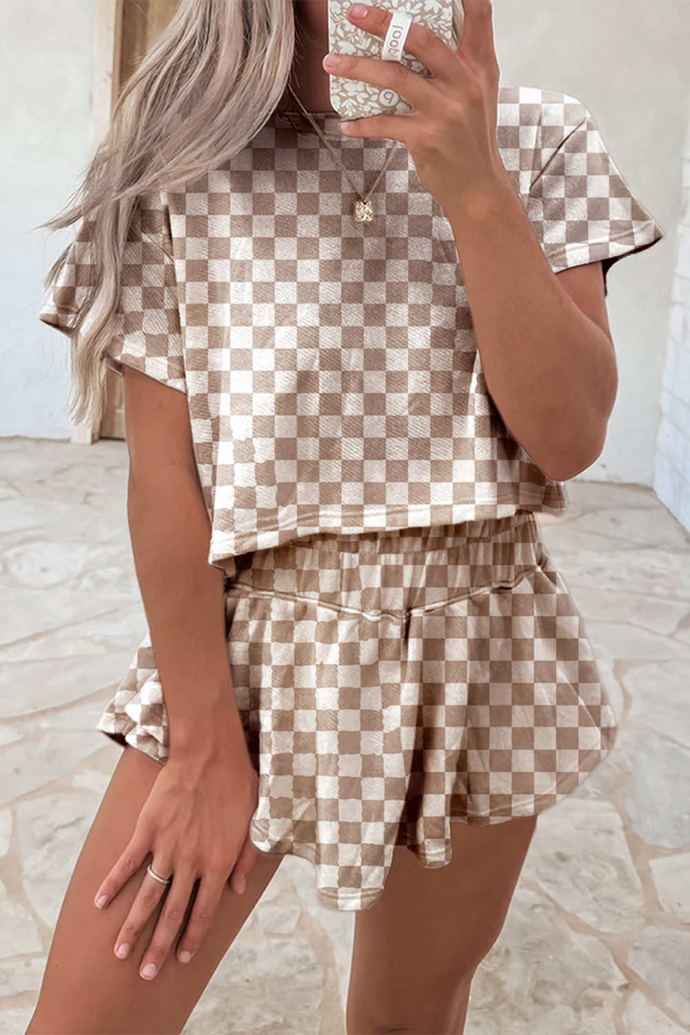 Brown Checkered T-Shirt and High Waisted Skort Set