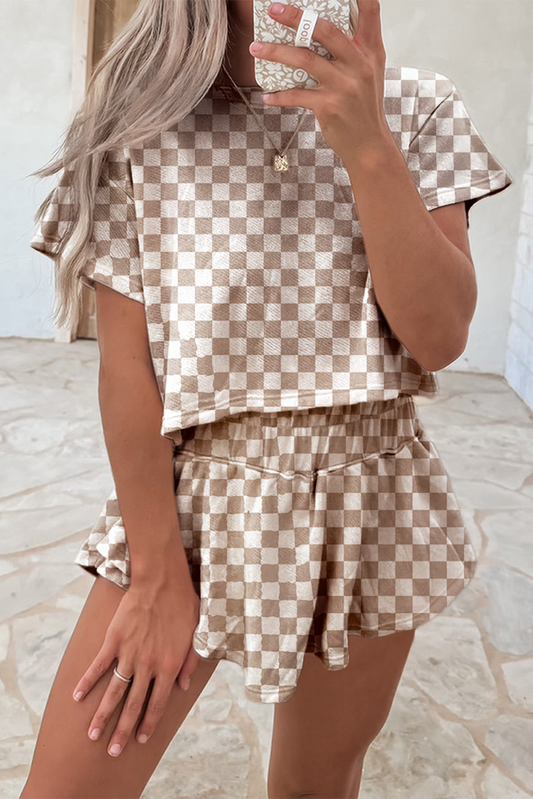 Brown Checkered T-Shirt and High Waisted Skort Set