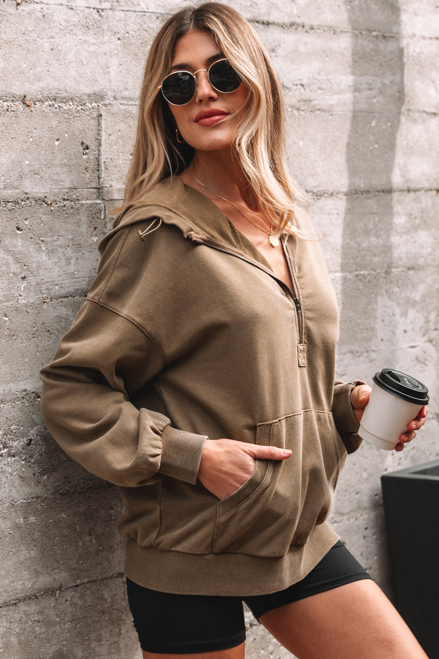 Half Zip Pocketed Mineral Wash Hoodie