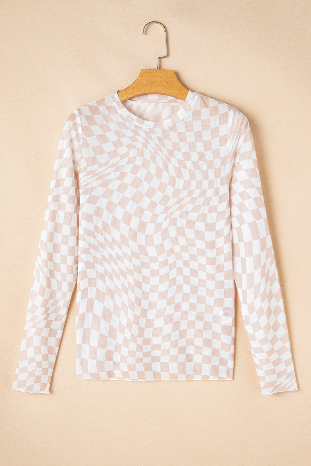 White Checkered Mesh Long Sleeve Top