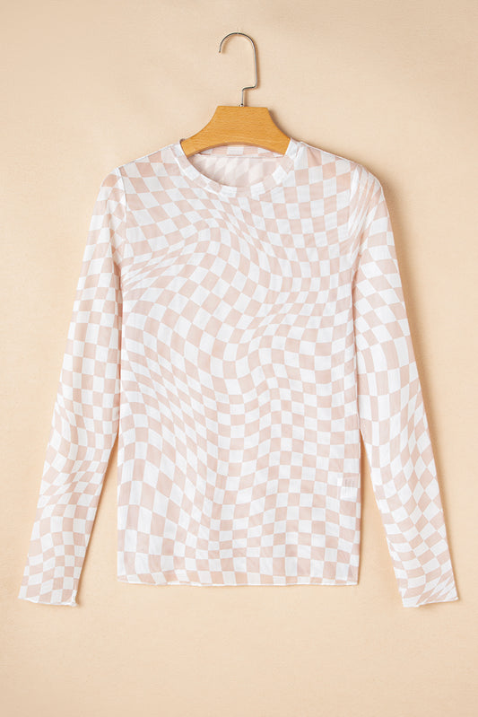 White Checkered Mesh Long Sleeve Top