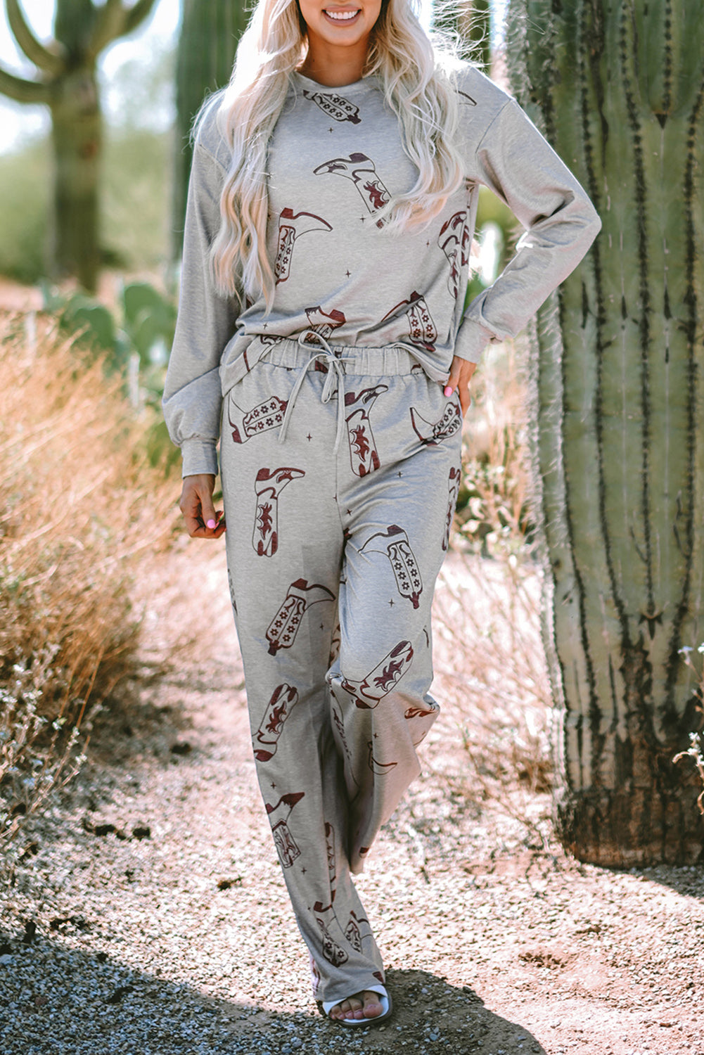 Gray Cowgirl Boots Printed Long Sleeve Top and Pants Lounge Set