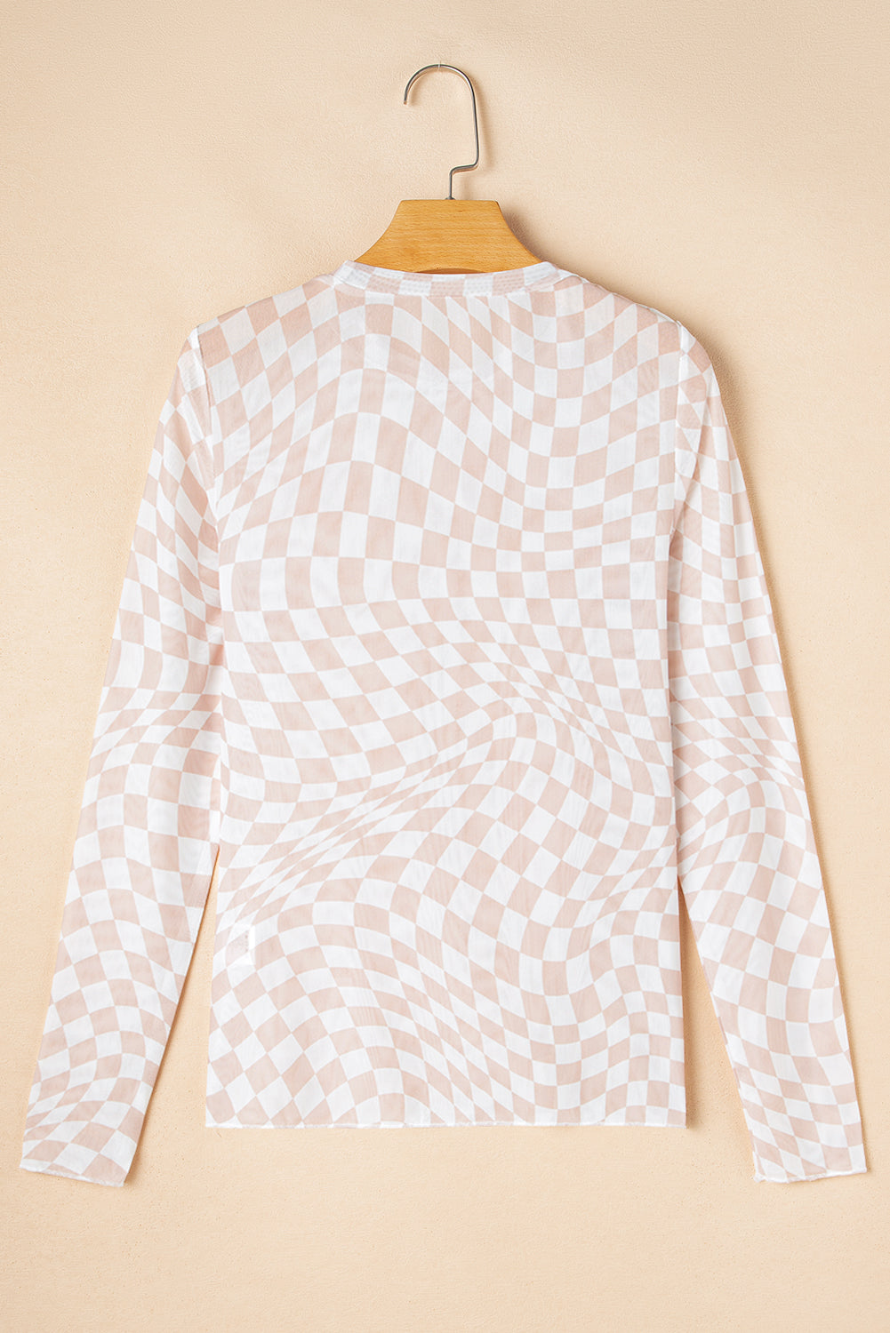 White Checkered Mesh Long Sleeve Top