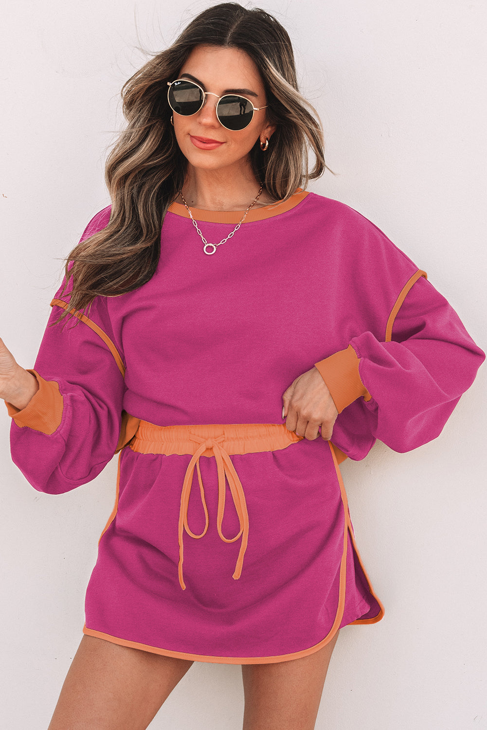 Color Contrast Loose Pullover and Tie Waist Skort Set