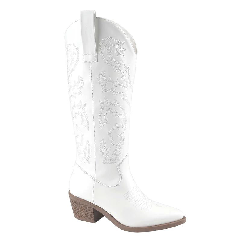 Belovely Unilady Cowgirl Boots with Quad-Stitch Embroidery Design, Pointed Toe Low Heel Pull on Westerm Style Knee High Cowgirl Boot for Ladies Women Shoe Walking Shoes Cowboy Comfor Fall Boots for Wide Calfboots Boots for Classic Embroidery