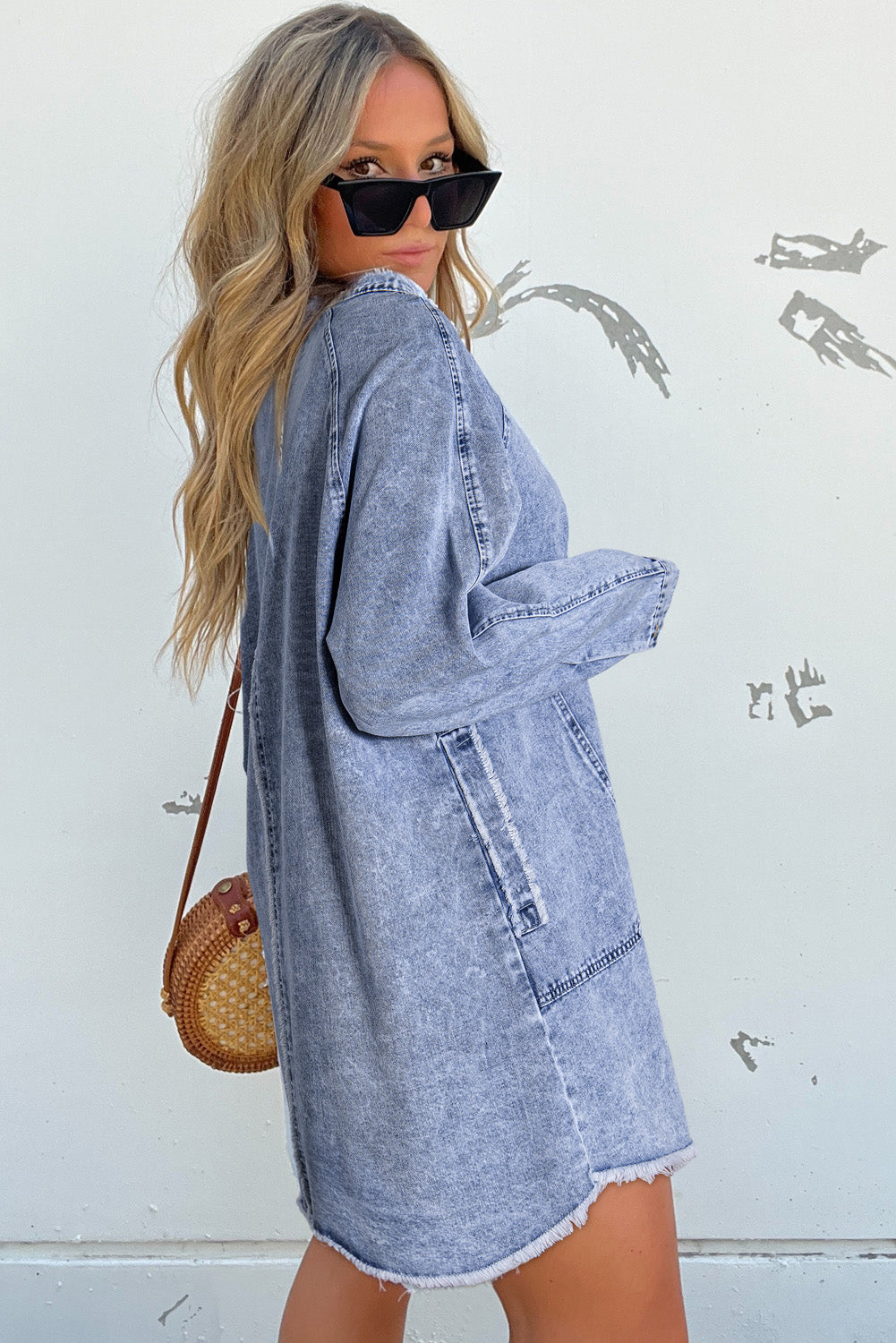 Beau Blue Mineral Wash Button Up Pocketed Denim Dress
