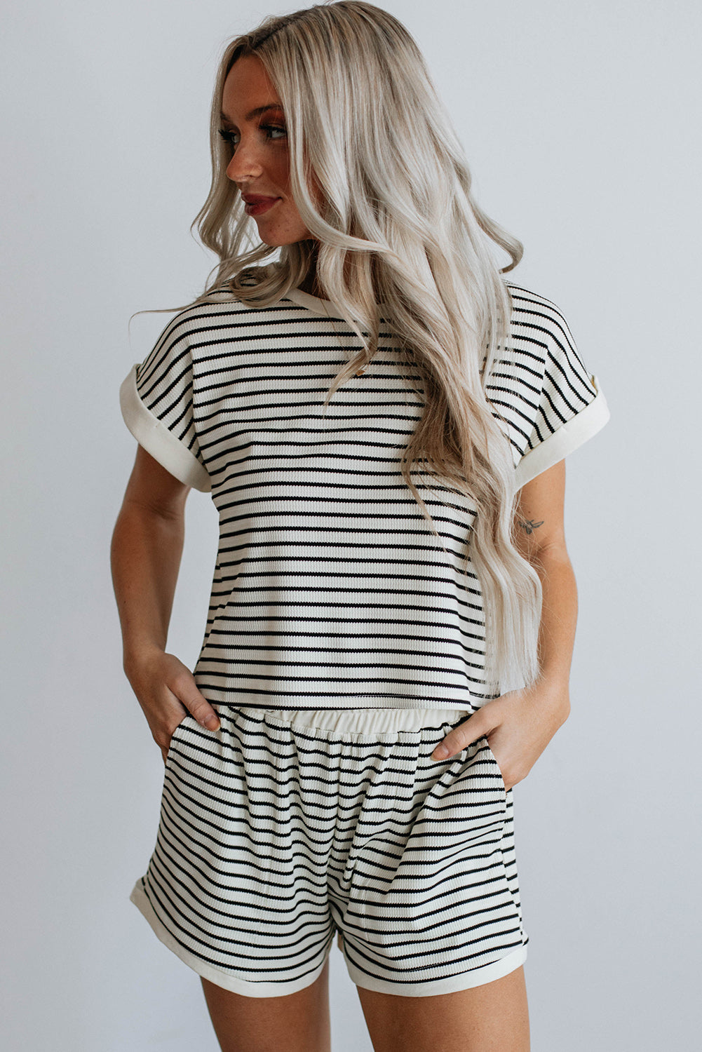 White Stripe Contrast Edge Two Piece Set