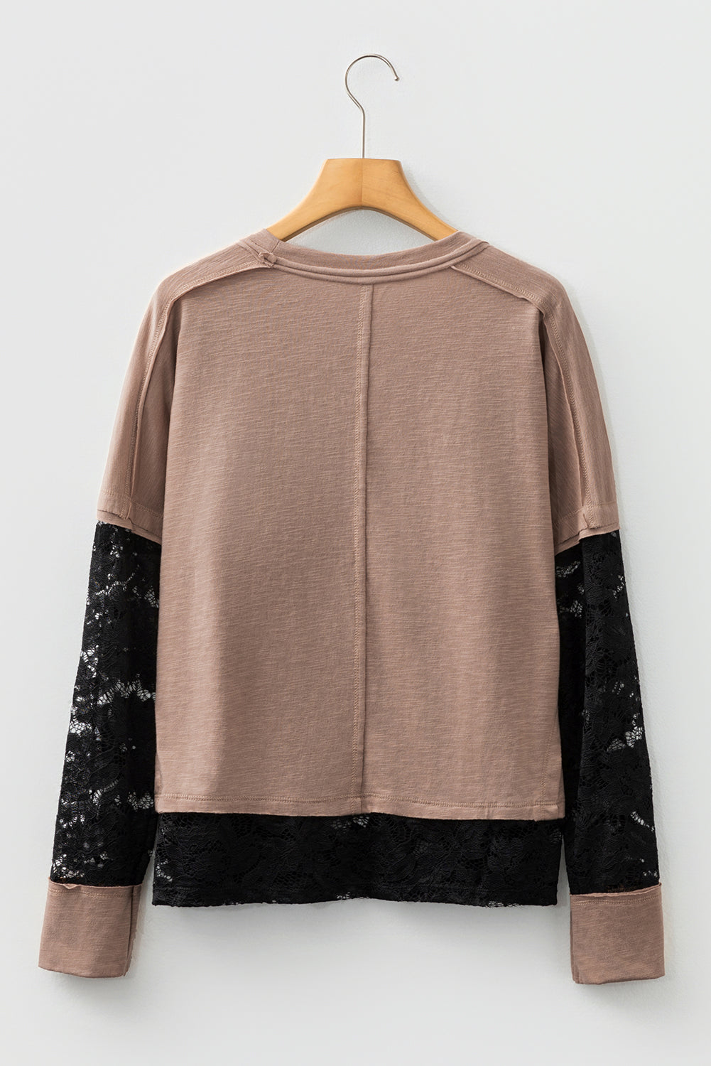 Dark Brown Sheer Lace Patchwork Casual Long Sleeve Tee