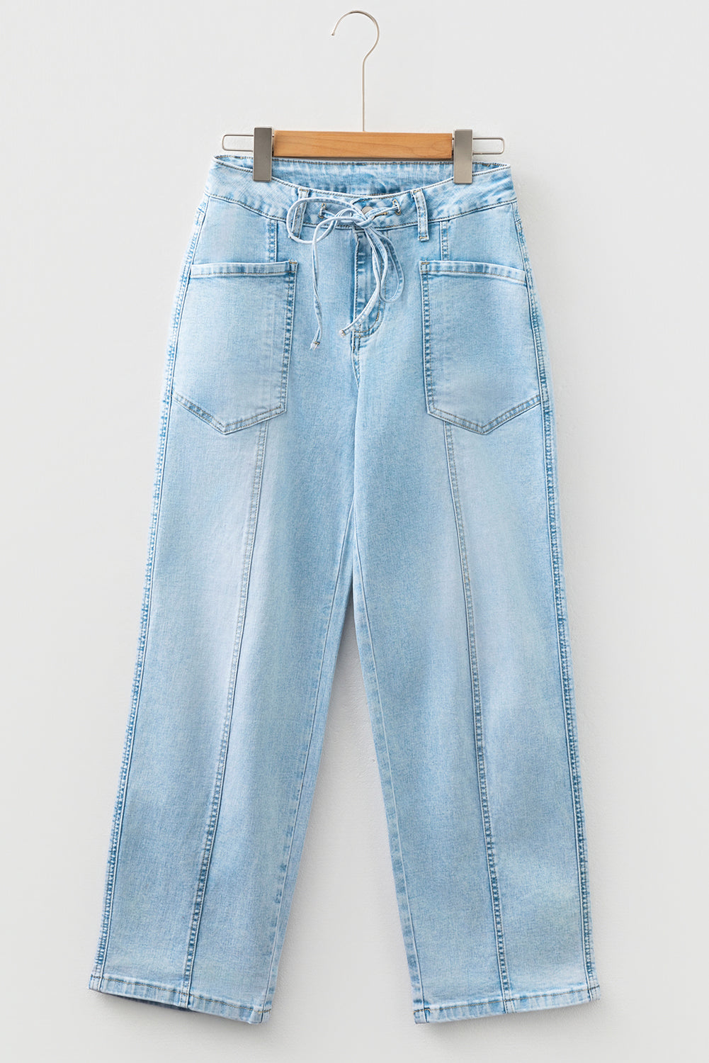 Exposed Stitch Detail Drawstring Barrel Jeans