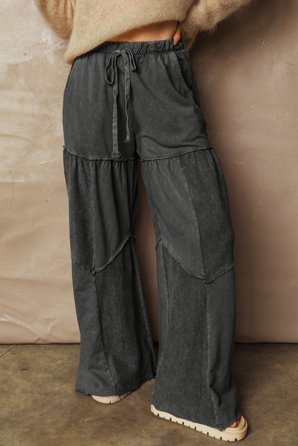 Black Mineral Wash Wide Leg Patchwork Drawstring Pants