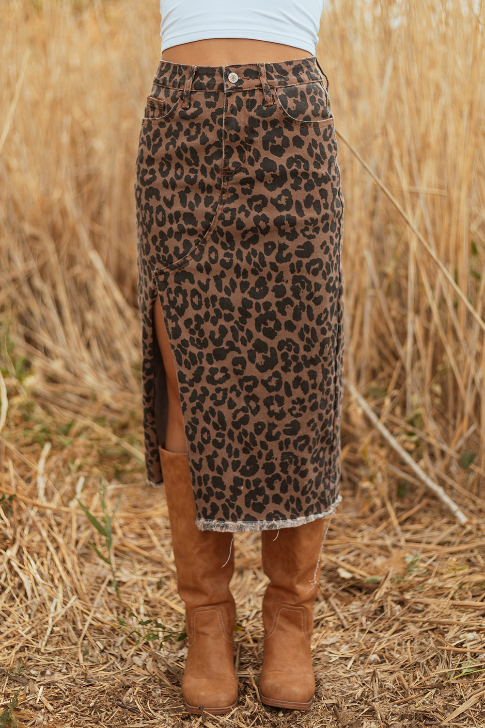 Brown Leopard Frayed Split Denim Midi Skirt