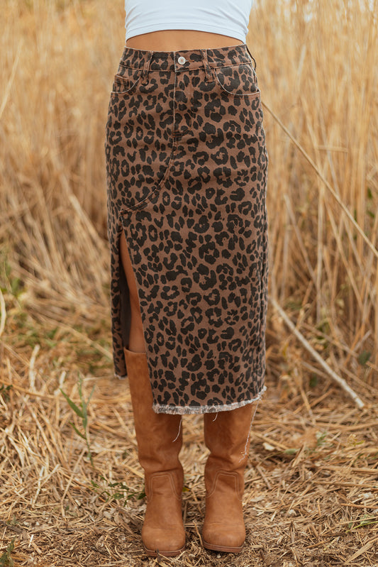 Brown Leopard Frayed Split Denim Midi Skirt