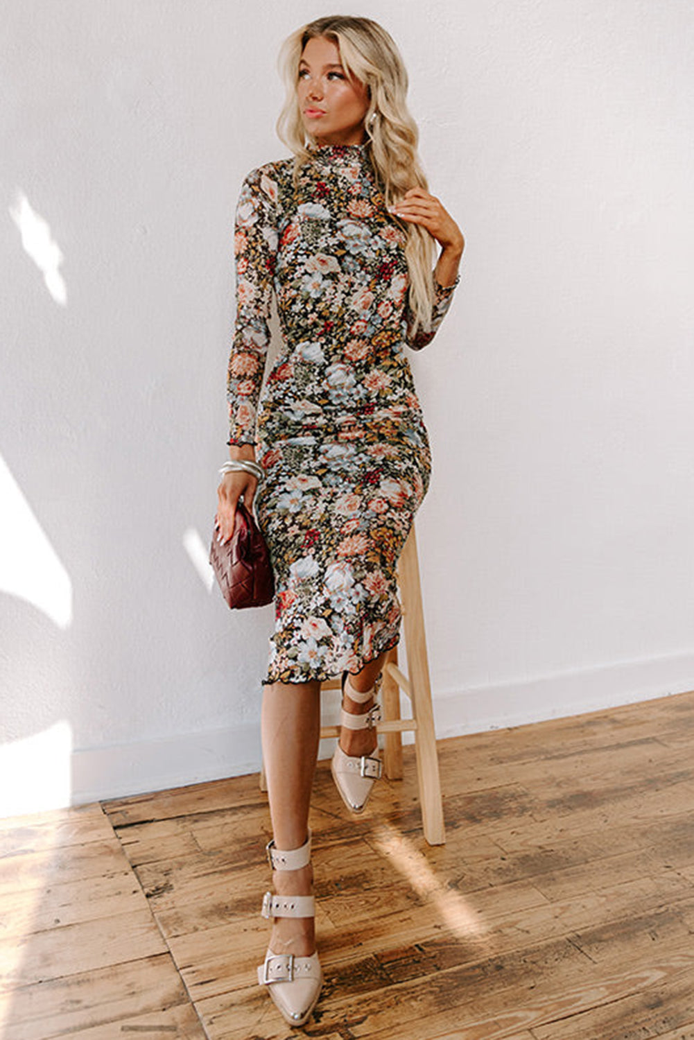 Floral Print Mock Neck Bodycon Long Sleeve Midi Dress