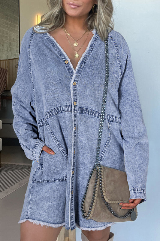 Beau Blue Mineral Wash Button Up Pocketed Denim Dress