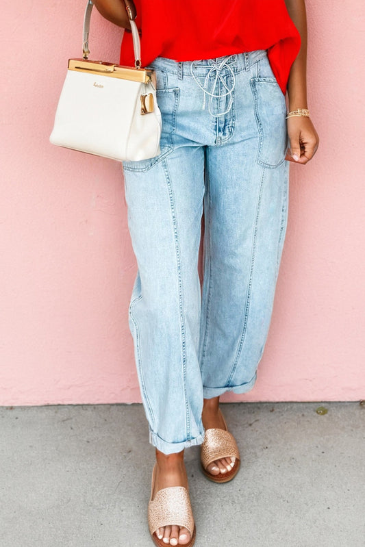 Exposed Stitch Detail Drawstring Barrel Jeans