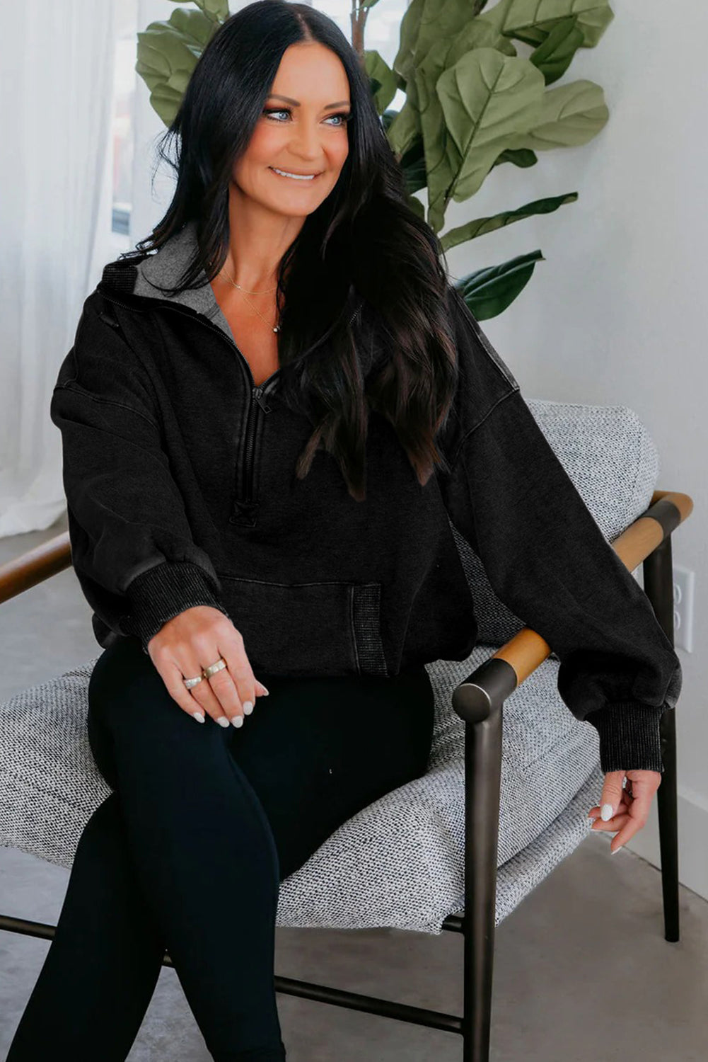 Half Zip Pocketed Mineral Wash Hoodie