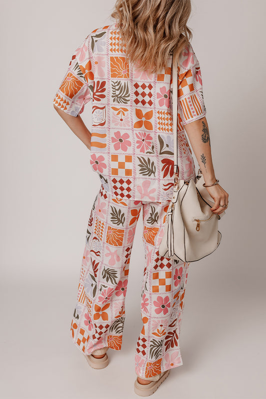 Floral Checkered Print Collared Shirt and Wide Leg Pants Set