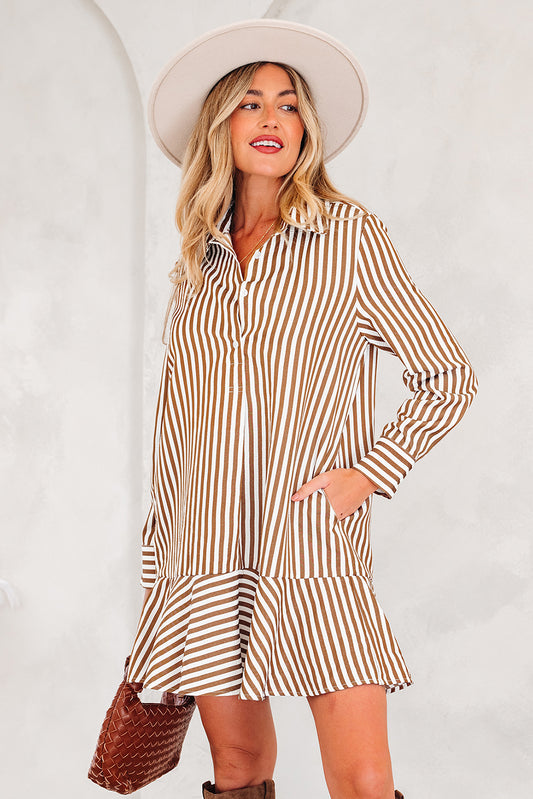 Brown Stripe Ruffled Hem Long Sleeve Mini Dress