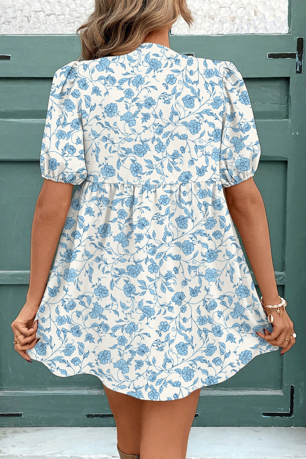 Sky Blue Bow Puff Sleeve Mini Floral Dress
