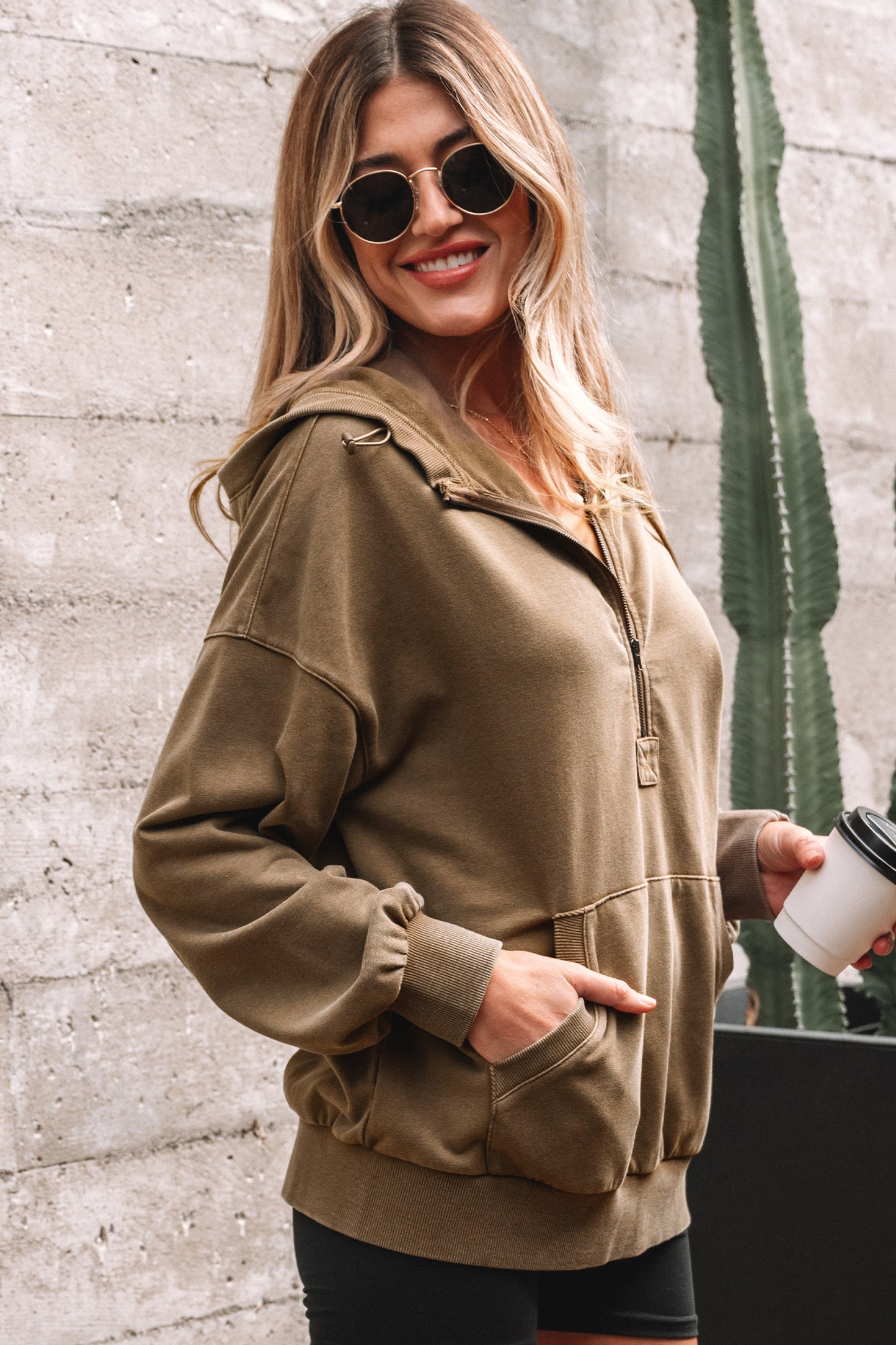 Half Zip Pocketed Mineral Wash Hoodie