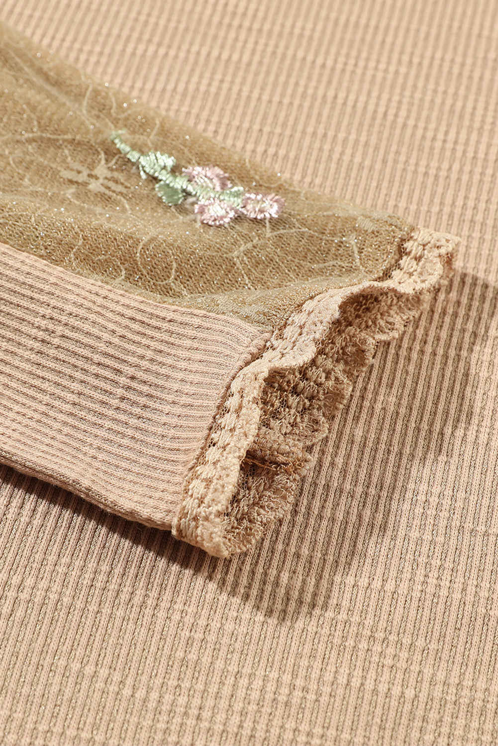French Beige Floral Gauze Sleeve Ribbed Top