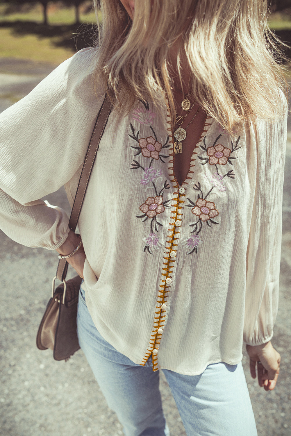 Beige Floral Embroidered Loose Shirt