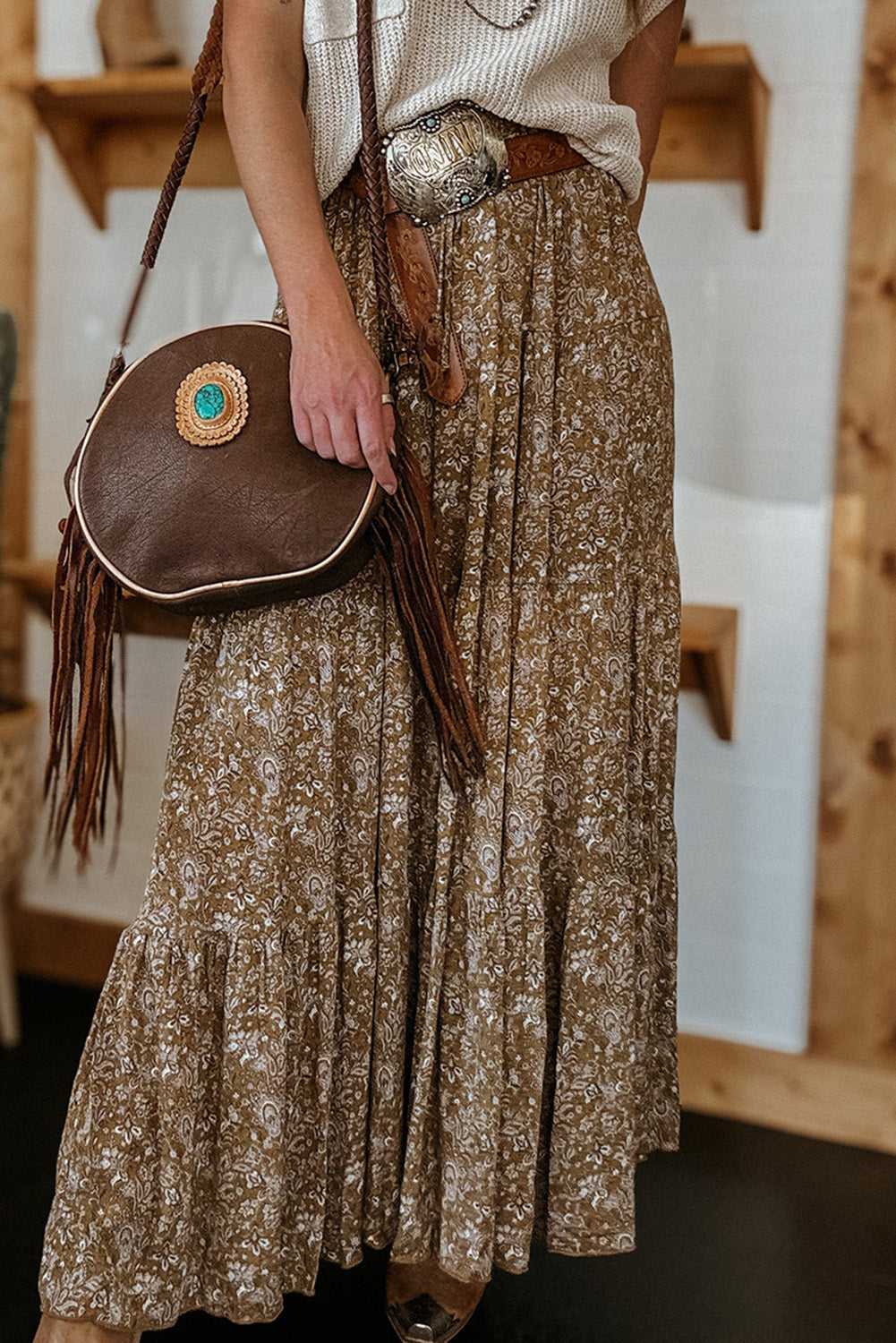 Brown Western Floral Print High Waist Loose Maxi Skirt