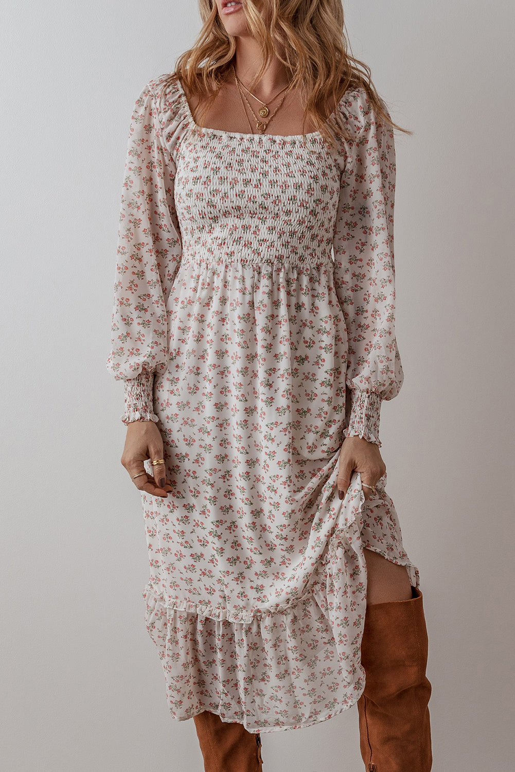 White Floral Ruffled Hem Midi Dress
