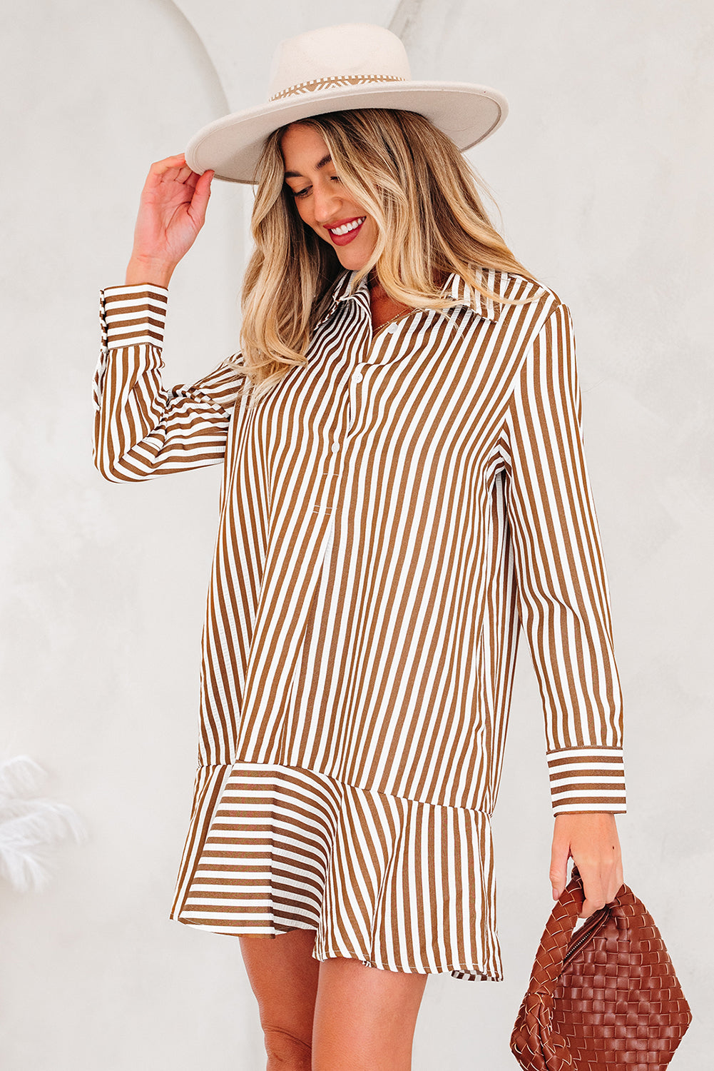 Brown Stripe Ruffled Hem Long Sleeve Mini Dress