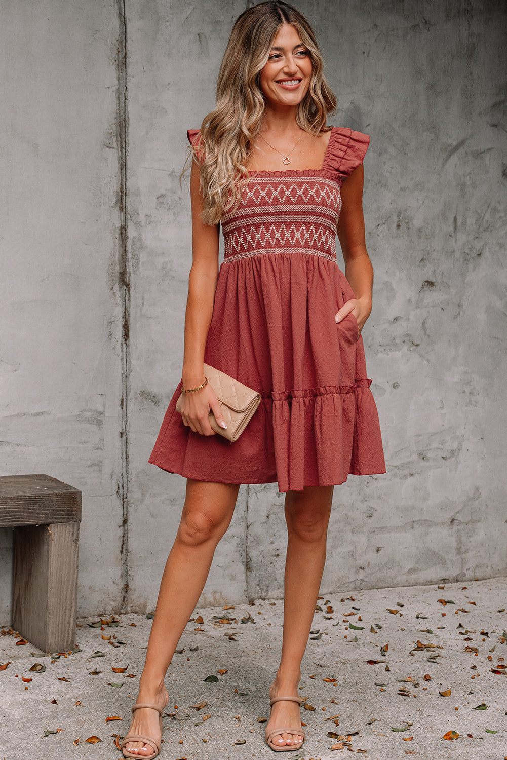 Red Sandalwood Geometric Stitch Ruffled Trim Sleeveless Mini Dress