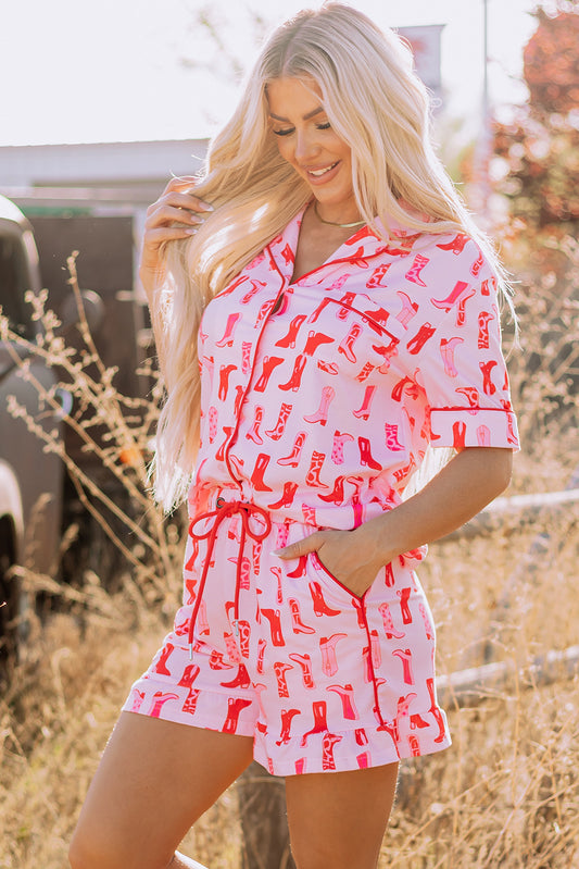 Pink Western Cowgirl Boots Shirt and Ruffled Shorts Pajama Set