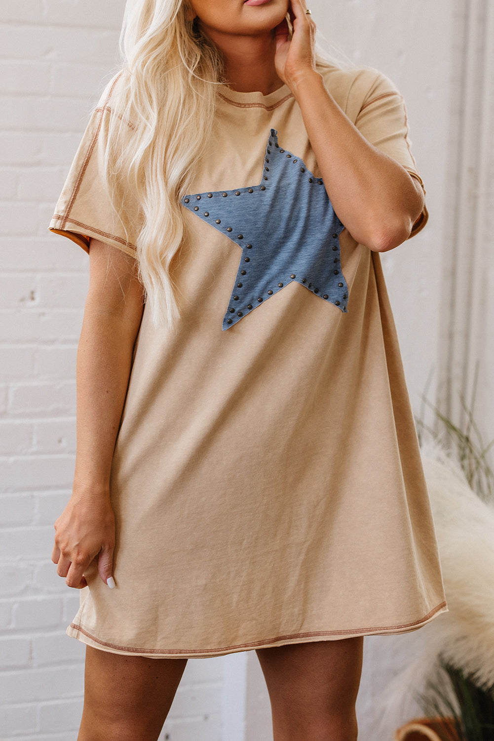 Khaki Stud Beaded Star Graphic Pocketed T-Shirt Dress